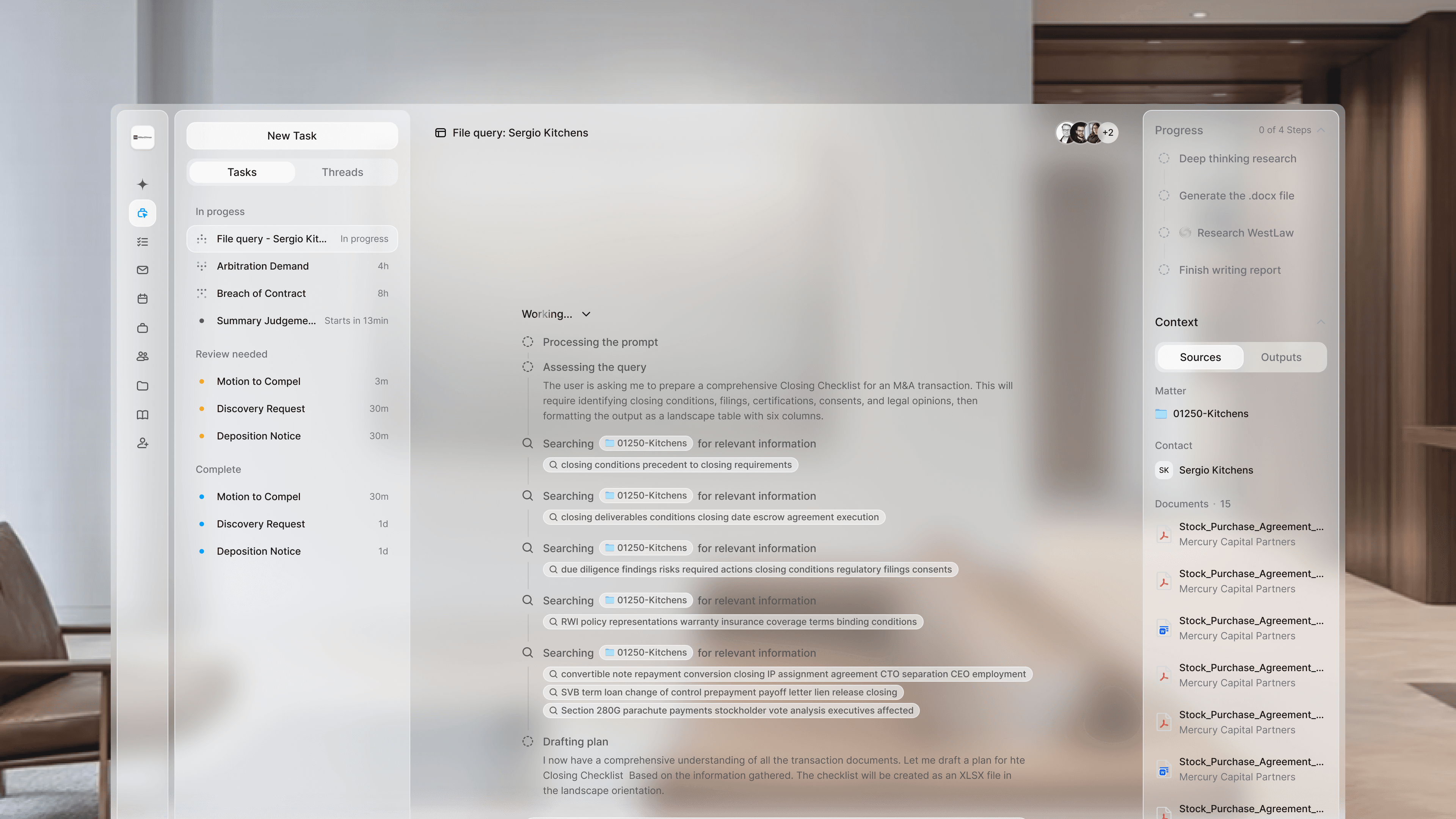 Lexi task workspace showing matter context, research steps, sources, and progress tracking.